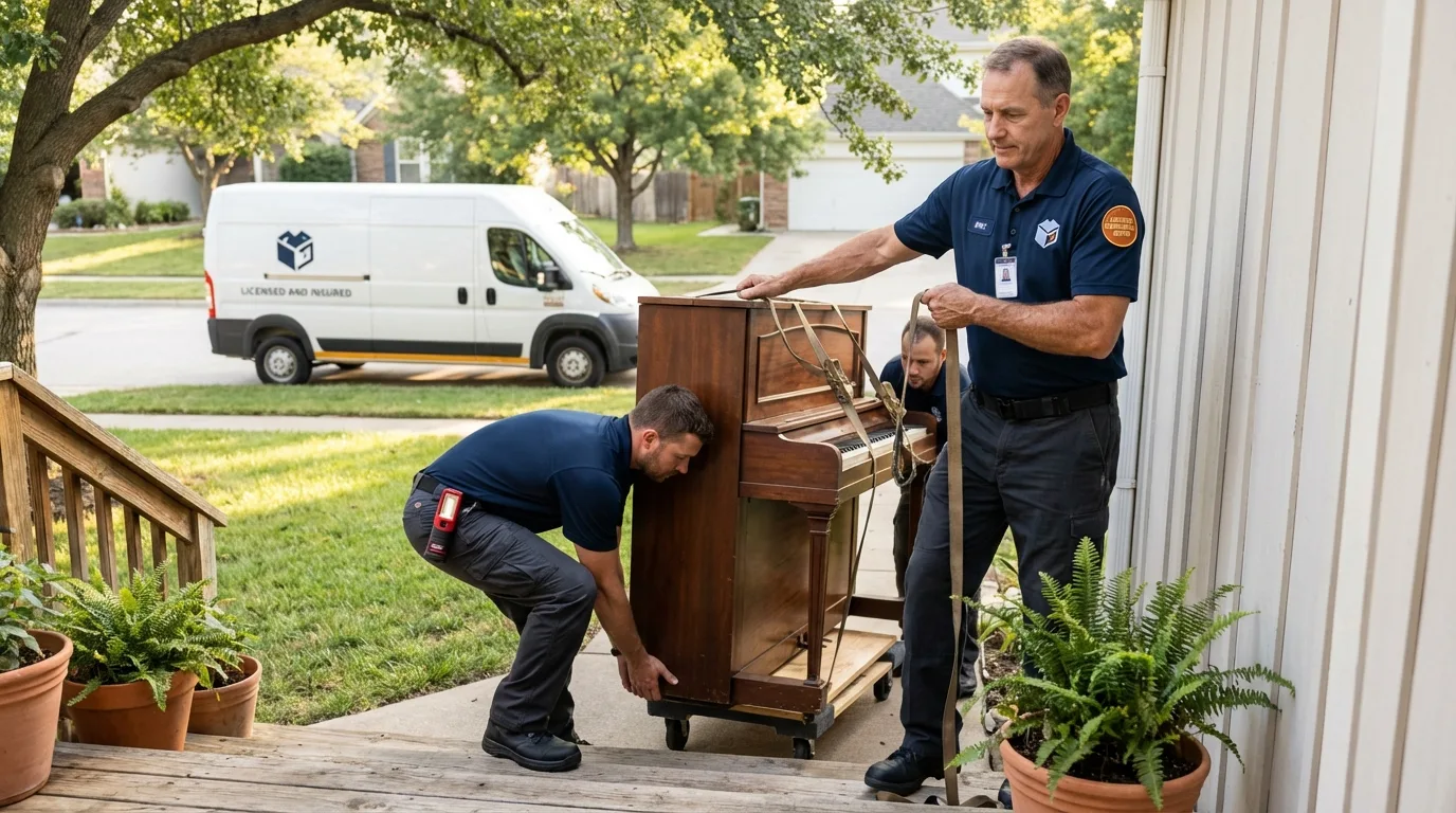 Licensed piano movers securing grand piano in Woodstock, IL