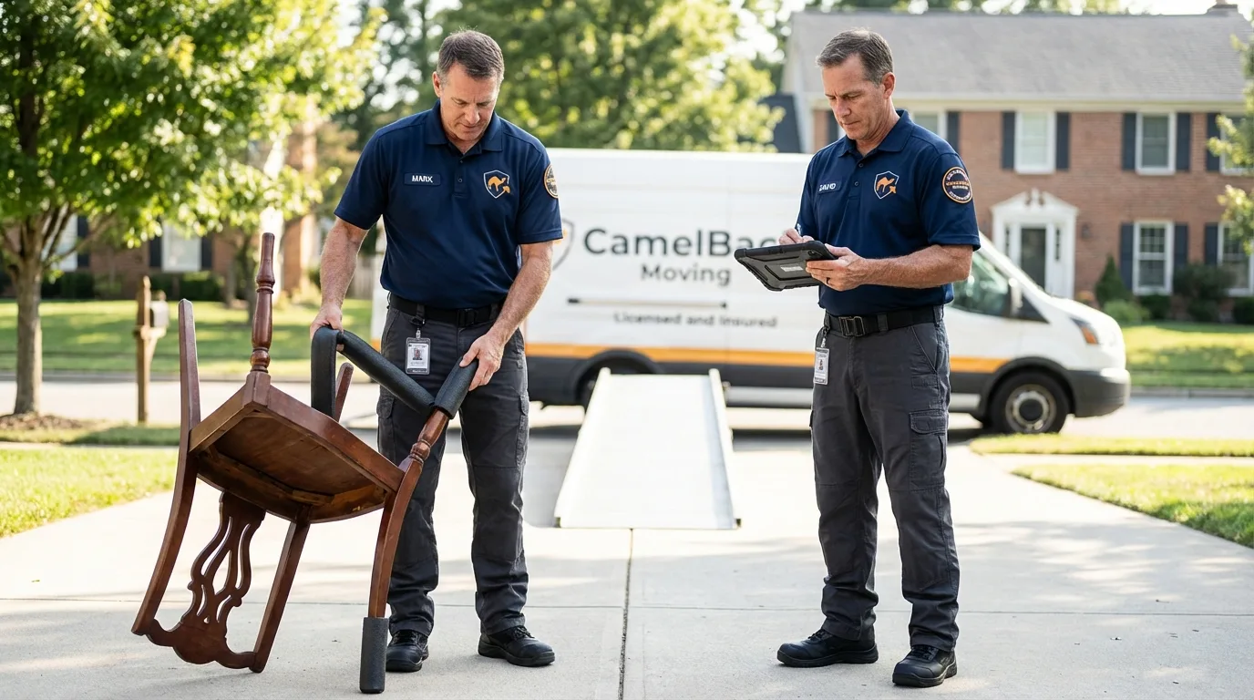 Movers inspecting furniture for damage prevention before loading in Woodstock, IL