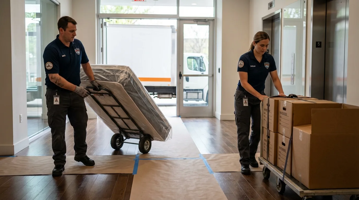 Professional apartment movers loading elevator in Woodstock, IL