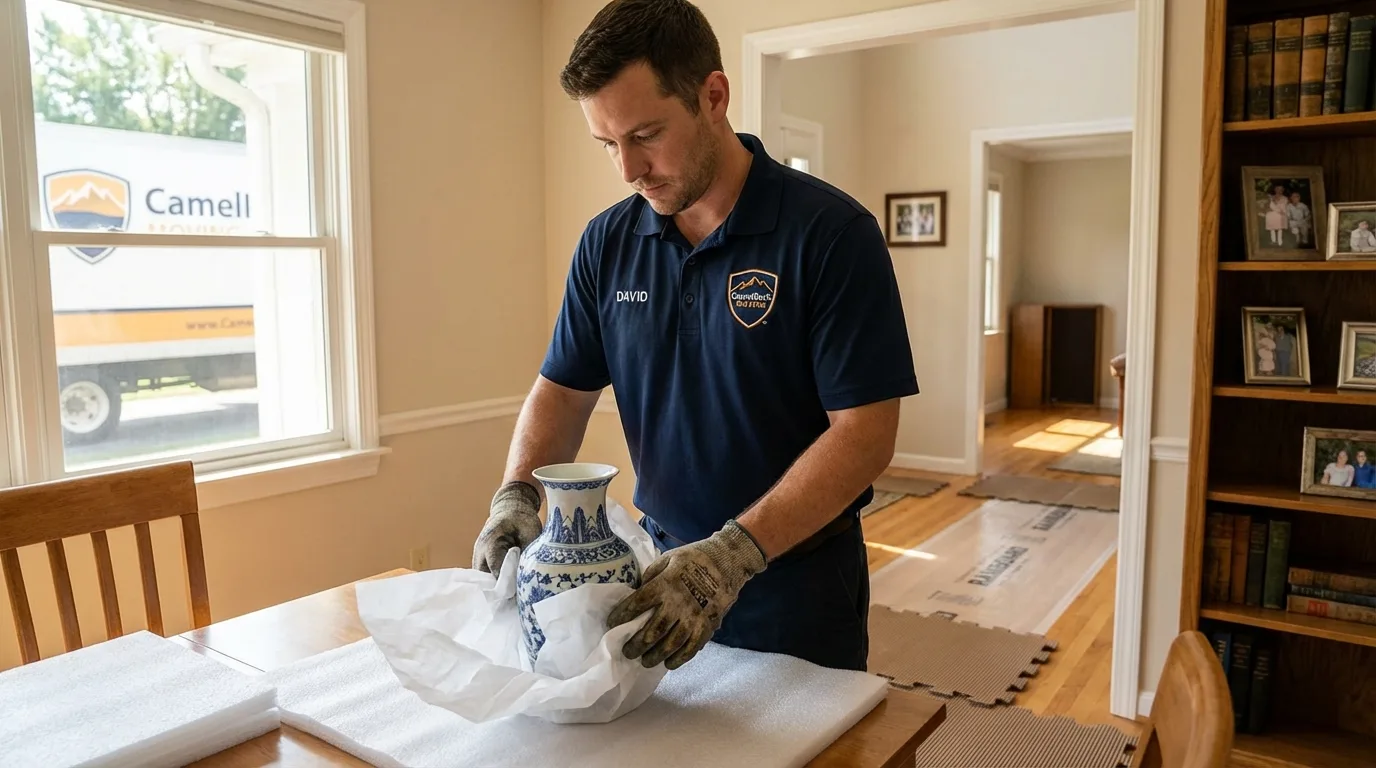 Professional crew carefully wrapping antique vase for senior downsizing move in Woodstock, IL